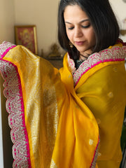 Yellow, Pink Organza dupatta with Sona Rupa Zari Weaving