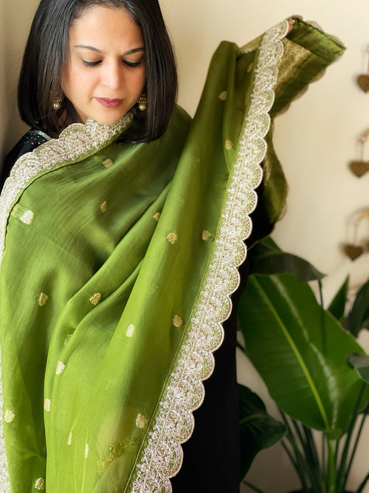 Mehendi Green Organza dupatta with Sona Rupa Zari Weaving