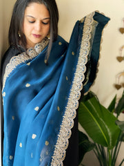 Teal Blue Organza dupatta with Sona Rupa Zari Weaving