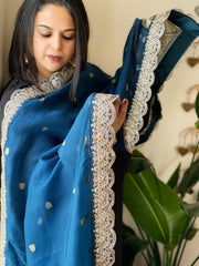 Teal Blue Organza dupatta with Sona Rupa Zari Weaving