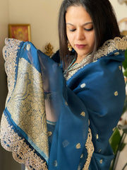 Teal Blue Organza dupatta with Sona Rupa Zari Weaving