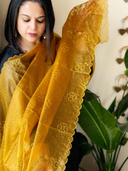 Mustard Yellow Organza dupatta with Applique Work