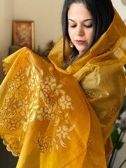 Mustard Yellow Organza dupatta with Applique Work