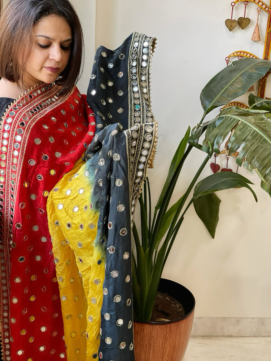 Yellow, Green, Red Crepe Dupatta with Mirror and Cut Daana Work with Gota Lace Border
