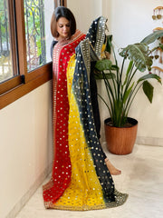 Yellow, Green, Red Crepe Dupatta with Mirror and Cut Daana Work with Gota Lace Border