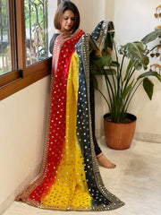 Yellow, Green, Red Crepe Dupatta with Mirror and Cut Daana Work with Gota Lace Border