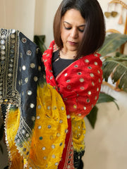 Yellow, Green, Red Crepe Dupatta with Mirror and Cut Daana Work with Gota Lace Border