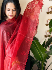 Red Organza dupatta with Applique Work