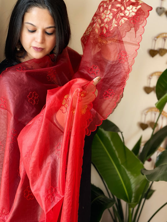 Red Organza dupatta with Applique Work