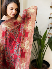 Ajrakh Handblock Printed Organza Crepe Dupatta with Banarasi Border