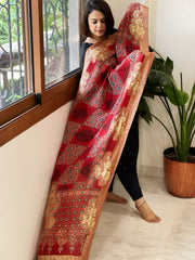 Ajrakh Handblock Printed Organza Crepe Dupatta with Banarasi Border