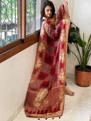 Ajrakh Handblock Printed Organza Crepe Dupatta with Banarasi Border