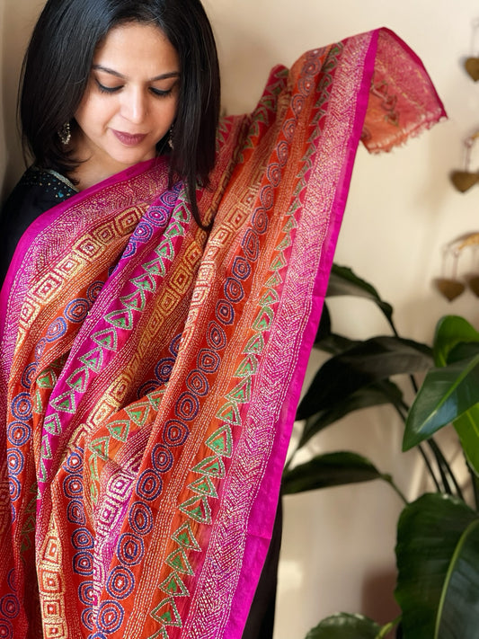 Pink, Orange Handmade Kantha Dupatta in Silk