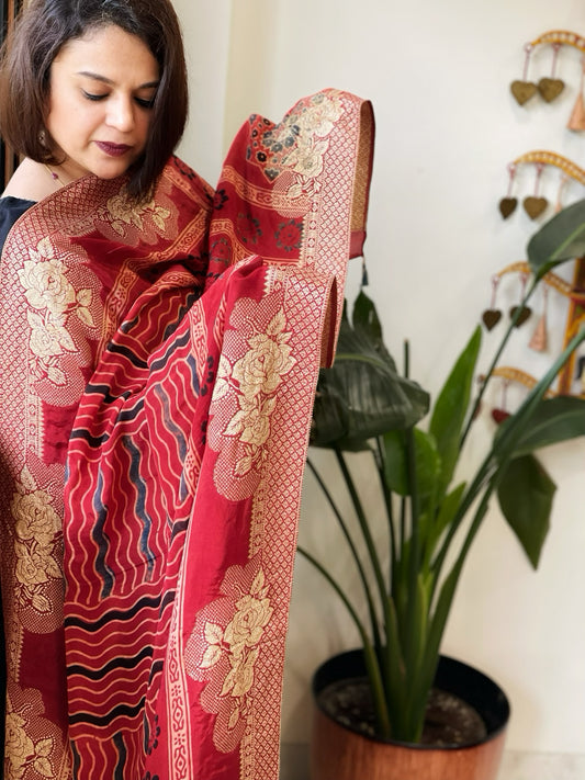 Ajrakh Handblock Printed Organza Crepe Dupatta with Banarasi Border