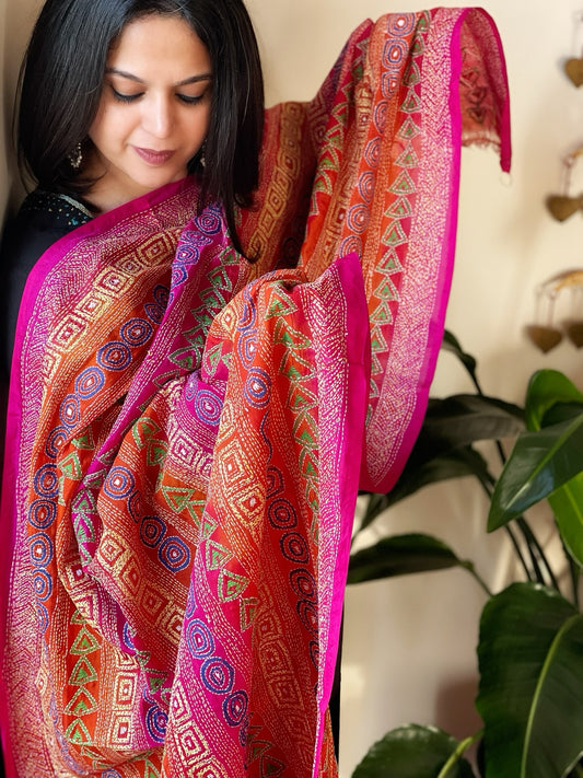 Pink, Orange Handmade Kantha Dupatta in Silk