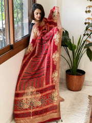 Ajrakh Handblock Printed Organza Crepe Dupatta with Banarasi Border