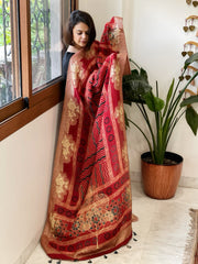 Ajrakh Handblock Printed Organza Crepe Dupatta with Banarasi Border