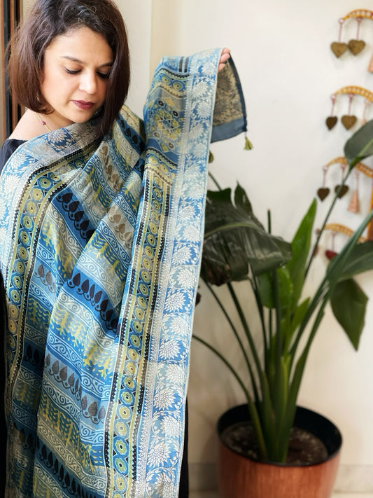 Ajrakh Handblock Printed Organza Crepe Dupatta with Banarasi Border