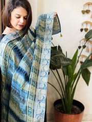 Ajrakh Handblock Printed Organza Crepe Dupatta with Banarasi Border