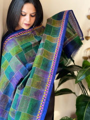 Blue, Green Handmade Kantha Dupatta in Silk