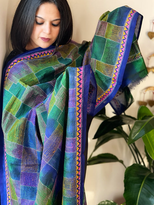 Blue, Green Handmade Kantha Dupatta in Silk