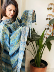 Ajrakh Handblock Printed Organza Crepe Dupatta with Banarasi Border