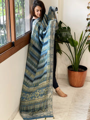 Ajrakh Handblock Printed Organza Crepe Dupatta with Banarasi Border
