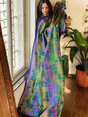 Blue, Green Handmade Kantha Dupatta in Silk