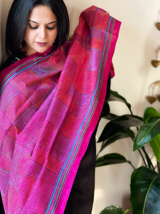 Pink Handmade Kantha Dupatta in Silk