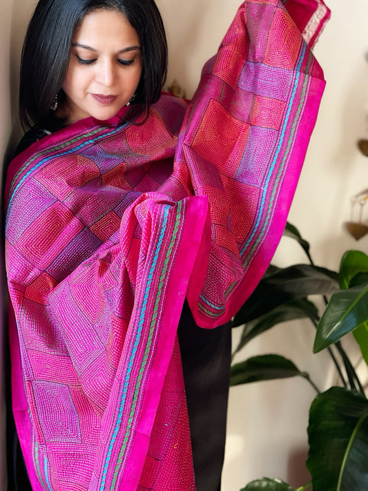 Pink Handmade Kantha Dupatta in Silk