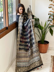 Ajrakh Handblock Printed Organza Crepe Dupatta with Banarasi Border