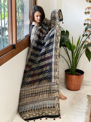 Ajrakh Handblock Printed Organza Crepe Dupatta with Banarasi Border