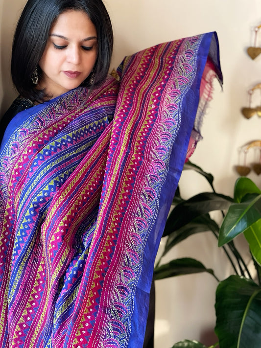 Blue, Pink Handmade Kantha Dupatta in Silk