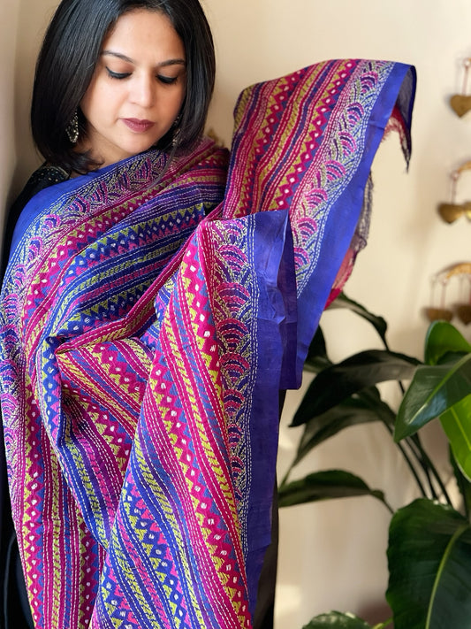 Blue, Pink Handmade Kantha Dupatta in Silk