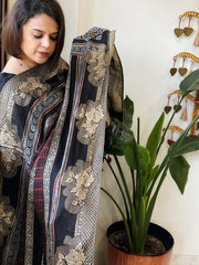 Ajrakh Handblock Printed Organza Crepe Dupatta with Banarasi Border