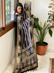 Ajrakh Handblock Printed Organza Crepe Dupatta with Banarasi Border