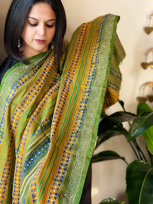 Yellow, Green Handmade Kantha Dupatta in Silk