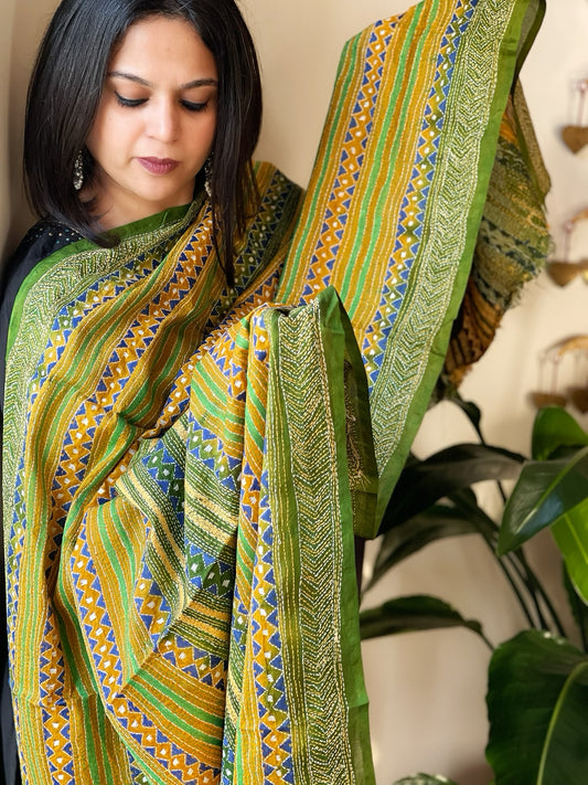 Yellow, Green Handmade Kantha Dupatta in Silk