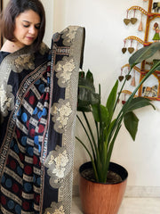 Ajrakh Handblock Printed Organza Crepe Dupatta with Banarasi Border