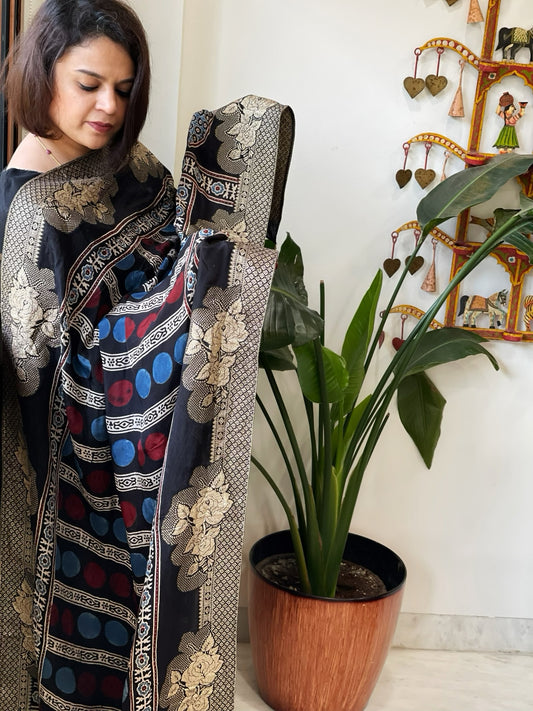 Ajrakh Handblock Printed Organza Crepe Dupatta with Banarasi Border