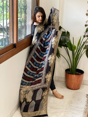 Ajrakh Handblock Printed Organza Crepe Dupatta with Banarasi Border