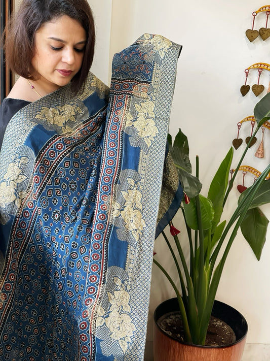 Ajrakh Handblock Printed Organza Crepe Dupatta with Banarasi Border