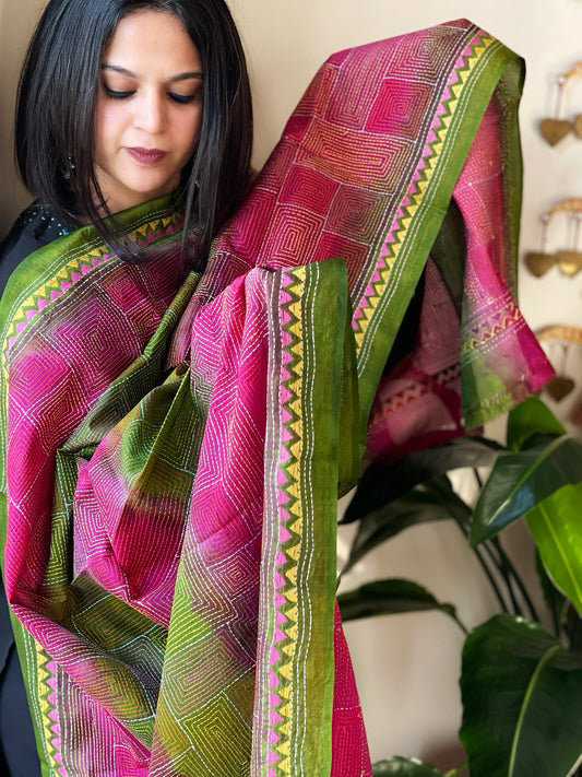 Pink, Green Handmade Kantha Dupatta in Silk