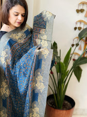 Ajrakh Handblock Printed Organza Crepe Dupatta with Banarasi Border