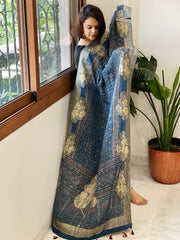 Ajrakh Handblock Printed Organza Crepe Dupatta with Banarasi Border