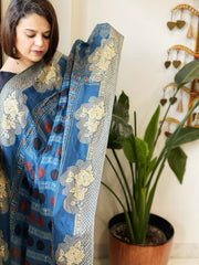 Ajrakh Handblock Printed Organza Crepe Dupatta with Banarasi Border