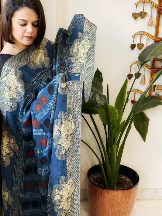 Ajrakh Handblock Printed Organza Crepe Dupatta with Banarasi Border
