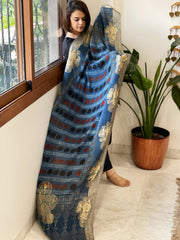 Ajrakh Handblock Printed Organza Crepe Dupatta with Banarasi Border