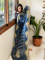 Ajrakh Handblock Printed Organza Crepe Dupatta with Banarasi Border