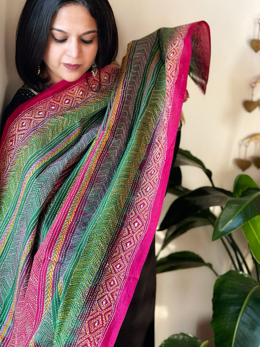 Pink, Green Handmade Kantha Dupatta in Silk